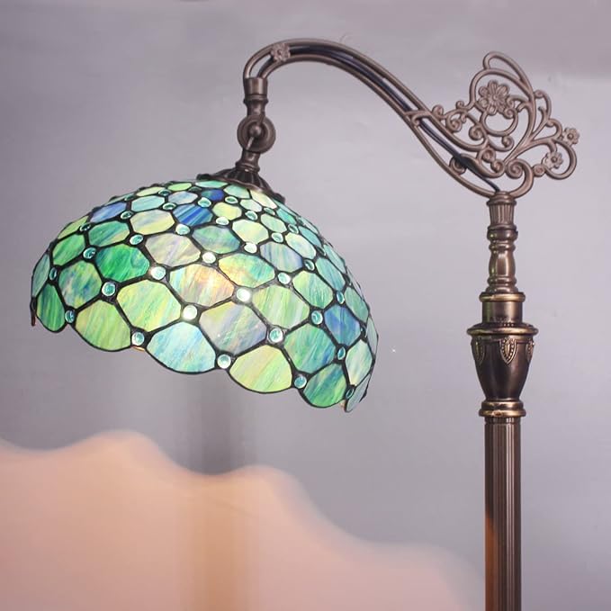 Tiffany Floor Lamp Stained Glass Lamp 18.88X12X67 Inch Angle Adjustable Arched Gooseneck Antique Reading Light (Sea Blue Pearl)