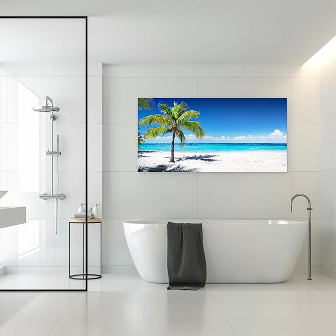 Baisuart-S03998 Large Canvas Wall Art Summer Ocean Waves Prints Coconut Trees on Sands Beach Seascape Painting Sea Nature Pictures Framed for Living Room Home Office Wall Decor Artwork