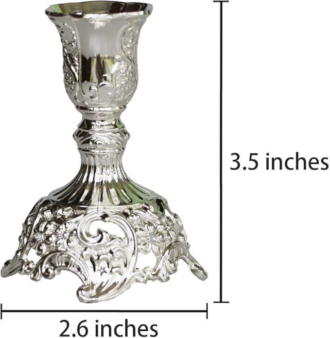 Silver Taper Candle Holders with Deluxe Engraved Design, Set of 2 Premium Metal Silver Candlestick Holders (Silver)