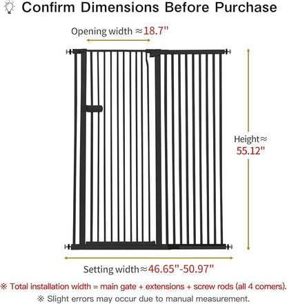 Lumizone Extra Tall Cat Gate 55.12" High Pressure Mounted Extra Wide 2025 New (17 Sizes) 1.37" Gap No Drilling Auto-Close One-Handed Operation Tall Pet Gate for Dogs(Black, 55.12" H x 46.65"-50.97" W)
