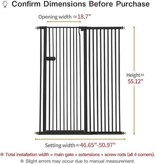 Lumizone Extra Tall Cat Gate 55.12" High Pressure Mounted Extra Wide 2025 New (17 Sizes) 1.37" Gap No Drilling Auto-Close One-Handed Operation Tall Pet Gate for Dogs(Black, 55.12" H x 46.65"-50.97" W)
