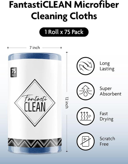 Fantasticlean Microfiber Cleaning Cloth Roll -75 Pack, Tear Away Microfiber Towels, 12" x 12", Reusable, Washable, Scratch Free, Ultra Absorbent for All-Around Cleaning Supplies (Navy Blue)