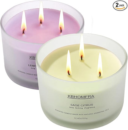 Scented Soy Wax Candle, 12.4 Oz Glass Jar, 70+ Hours Burn Time, Natural Essential Oils, Cotton Wick, Long Lasting Fragrance, Modern Contemporary Style (Lemon Lavender+Sage Citrus 2pack)