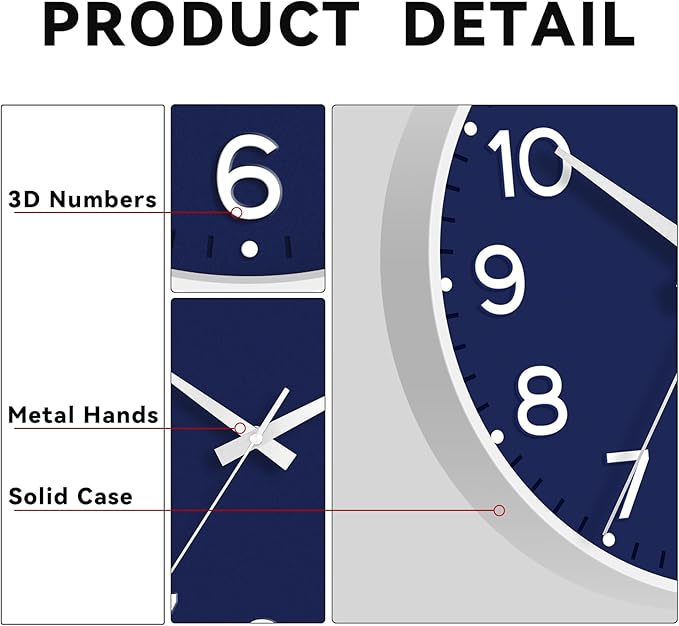 Wall Clock, Silent Wall Clocks Battery Operated 8 Inch-Modern Non Ticking Analog Clock Decorative for Kitchen Office Bathroom Bedroom(Navy Blue)