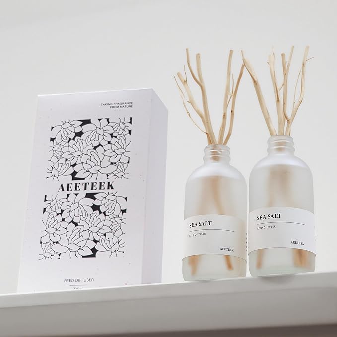 Sea Salt Reed Diffuser Set of 2-14.8 oz(220mlx2) Sea Salt Musk and Grass Essential Oils, Bathroom Air Freshener with Willow Branches Decor, Long Lasting Fragrance for Home, Office