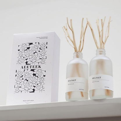 Sea Salt Reed Diffuser Set of 2-14.8 oz(220mlx2) Sea Salt Musk and Grass Essential Oils, Bathroom Air Freshener with Willow Branches Decor, Long Lasting Fragrance for Home, Office