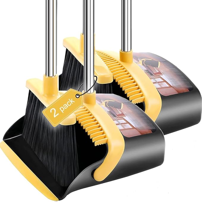 2-Pack is More economical，Upgraded Broom and Dustpan， with 52" Long Handle, Dustpan Teeth with self-Cleaning Function, Indoor and Outdoor Sweeping, Perfect for Home Office