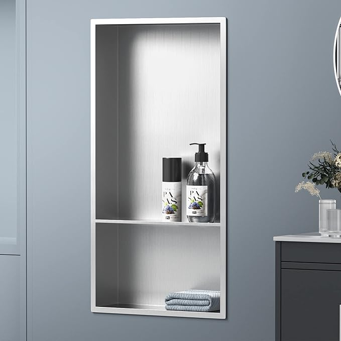 Stainless Steel Shower Niche 24" X 12" Brushed No Tile Needed Wall Niche with Double Shelves Recessed Shower Shelf for Bathroom Vertical Niches