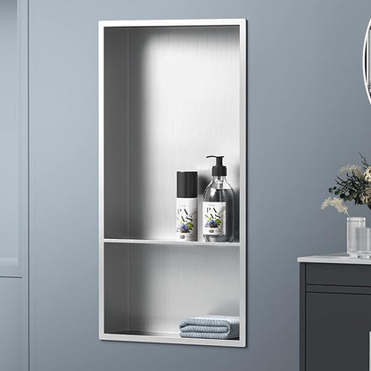 Stainless Steel Shower Niche 24" X 12" Brushed No Tile Needed Wall Niche with Double Shelves Recessed Shower Shelf for Bathroom Vertical Niches