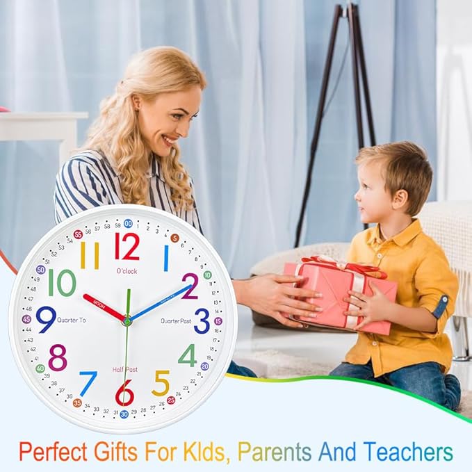 Learning Clock for Kids-Telling Time Easily Non Ticking Battery Operated Kids Teaching Clock Silent Colorful Teaching Time Clock Decorative for Kids Room Classroom School Playroom (10 Inch)