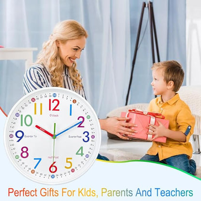 Learning Clock for Kids-Telling Time Easily Non Ticking Battery Operated Kids Teaching Clock Silent Colorful Teaching Time Clock Decorative for Kids Room Classroom School Playroom (10 Inch)