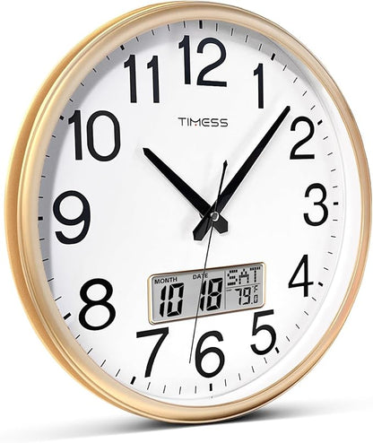 Wall Clock, 13 Inch Non-Ticking Silent Battery Operated Quartz Analog with LCD Display for Perpetual Calendar and F° Temperature, Ideal Modern Home, Bedroom, Kitchen, Office Decor (Gold)