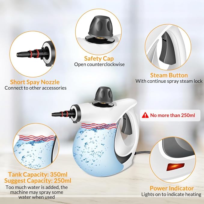 Handheld Pressurized Steam Cleaner with 12 pcs Accessories, Portable Steamer for Cleaning, Steam Cleaner for Home Use, Steamer for Cleaning Car, Furniture, Floor, Upholstery, Grout and Tile, Deep Gray