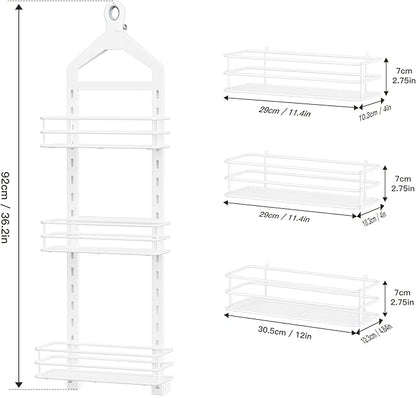 Orimade Adjustable Anti-slip Shower Caddy over Head, Rustproof Bathroom Hanging Shower Organizer with 2 Hooks for Razor, No Drilling Shower Shelves Storage Rack 3 Tier, White
