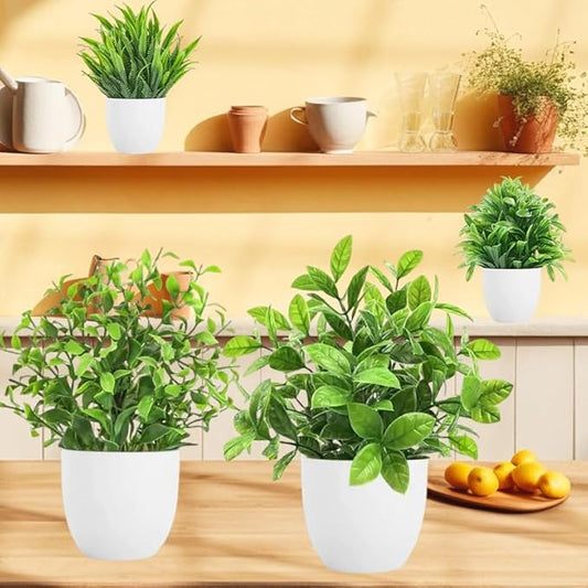 4-Piece Set of Black Potted mini Artificial Plants - Various Imitation Green Plants, Suitable for Home, Office, Farmhouse, Bathroom Decoration and Party Ornaments, Room Decoration