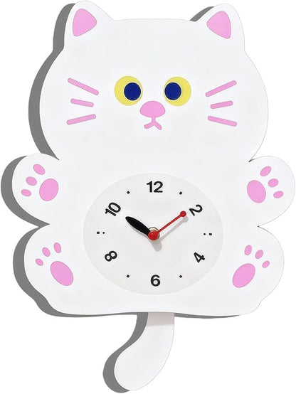 FASHION in THE CITY Adorable Cat Themed Swing Wall Clock - Silent Non-Ticking Pendulum Clock, Easy to Read Analog Clock for Cat Lovers, Nursery, Kitchen, Cute Home Decor Gift (YBZ001-White)