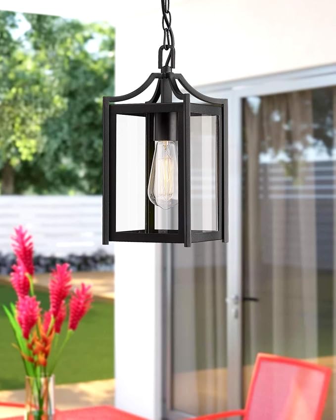 Outdoor Pendant Light, 14" Large Modern Hanging Porch Light with Adjustable Chain, Black Exterior Outdoor Hanging Lantern with Clear Glass for Porch Foyer Gazebo, 2439/1H