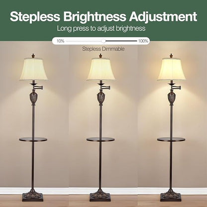 Traditional LED Floor Lamp with 350° Adjustable Swing Arm Lamp – Vintage Standing Pole lamp for Living Room, Bedroom and Office – Rustic Upright Floor Light for Home Décor with Silk Fabric Shade
