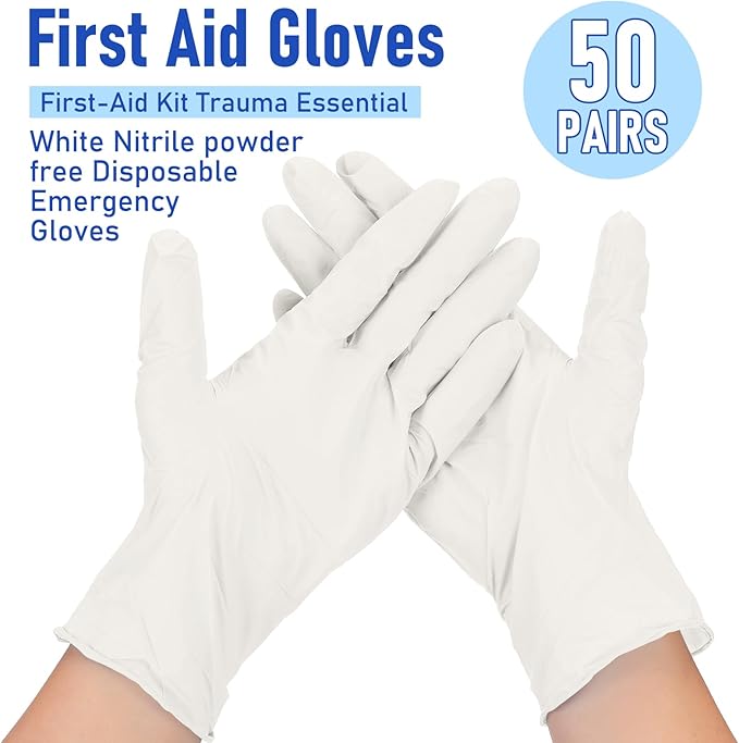 50 Pairs Disposable Emergency Glove Individually Packaged Travel Gloves Travel Trauma Essential Nitrile Glove (White)