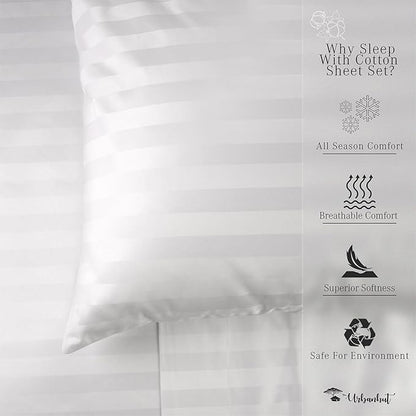 URBANHUT 800 Thread Count Egyptian Cotton Damask Striped King Size Sheets Set (4 Pc) - Ultra Soft & Smooth, Sateen Weave King Sheet, Luxury Hotel Sheets with 16" Deep Pocket - White