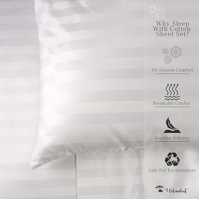 URBANHUT 800 Thread Count Egyptian Cotton California King Damask Striped Sheets Set (4 Pc) - Ultra Soft & Smooth, Thick & Crisp Sateen Weave Calking Striped Bedsheets, Fits Upto 16" Mattress - White