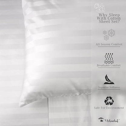 URBANHUT 800 Thread Count Egyptian Cotton California King Damask Striped Sheets Set (4 Pc) - Ultra Soft & Smooth, Thick & Crisp Sateen Weave Calking Striped Bedsheets, Fits Upto 16" Mattress - White