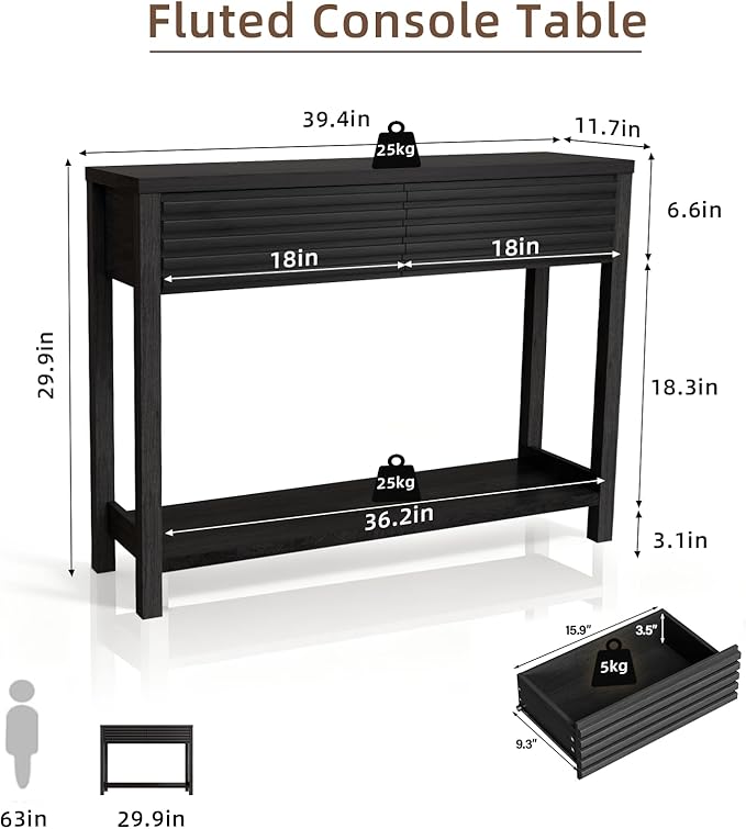 BREEZEHEAT 40" Fluted Console Table with 2 Drawers, Modern Wood 2 Tier Entryway Table with Storage Shelf, Narrow Sofa Table Behind Couch Accent Table for Entrance Foyer, Hallway, Living Room, Black