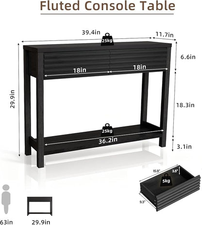 BREEZEHEAT 40" Fluted Console Table with 2 Drawers, Modern Wood 2 Tier Entryway Table with Storage Shelf, Narrow Sofa Table Behind Couch Accent Table for Entrance Foyer, Hallway, Living Room, Black
