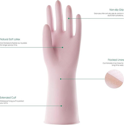 COOLJOB Medium Household Rubber Gloves with Cotton Liner & Non-slip Grip, Waterproof Long Lasting Dishwashing Gloves for Kitchen & Bathroom Cleaning, Light Pink, 1 Pair