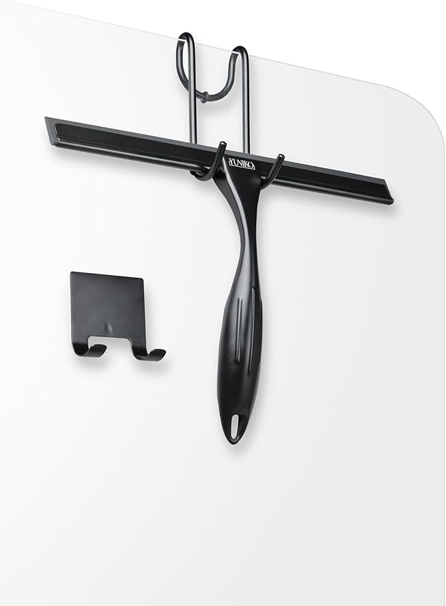 YUNIKO Shower Squeegee – Black Stainless Steel with Silicone Blade for Shower Doors, Windows, Mirrors, Tiles & Car Windows – Includes 2 Adhesive Hooks, Assembly Tool & Microfiber Cloth