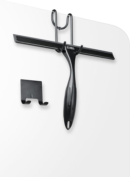 YUNIKO Shower Squeegee – Black Stainless Steel with Silicone Blade for Shower Doors, Windows, Mirrors, Tiles & Car Windows – Includes 2 Adhesive Hooks, Assembly Tool & Microfiber Cloth