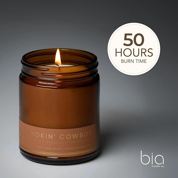 Bia Candle Co Soy Blend Candle, Woody Tuscan Leather, Sandalwood & Cedar with Iris – Long-Lasting Clean Burn, Lead-Free Wick – Brown Glass Jar, Gold Lid – Smokin’ Cowboy Scent, 7 oz