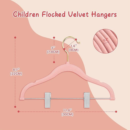 Stormix Baby Hangers, 24 Pack Pants Hangers with Clips, Non-Slip Clothes Hangers, Heavy-Duty Kids Hangers for Shirts, Pants, Skirts, Dresses, Jackets, Coat Pink (Gold Hook)