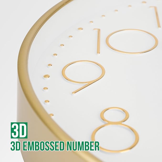 Wall Clock Non-Ticking Silent Modern Simple Style Round Decor Clock Stereoscopic Dial Quartz Wall Clocks for Home/Office/School/Living Room/Bedroom/Kitchen (Gold, 8inch)