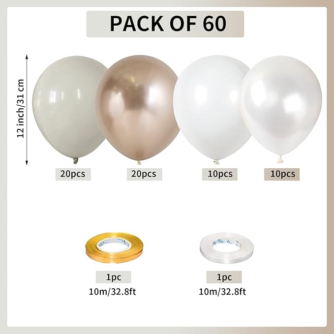 Champagne Gold and White Balloons, 60Pcs Beige White Sand Metallic Gold Pearl White Balloons for Girls, Neutral Ivory White Gold Balloons for Women Birthday Boho Wedding Engagement Party Decorations