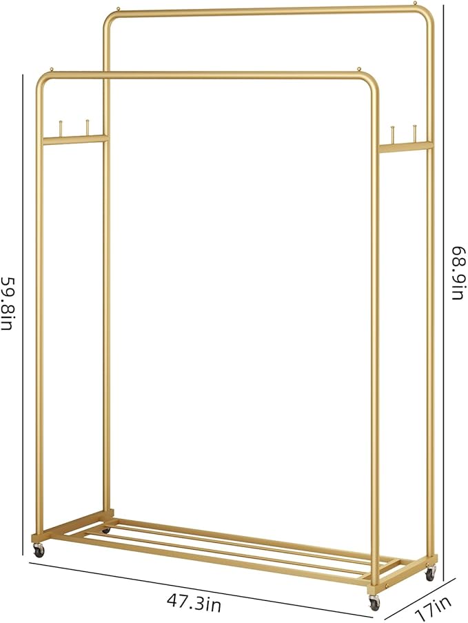 Double Rod Clothing Garment Rack, Heavy Duty Metal Rolling Clothes Rack with Wheels with 4 Fixed Hooks, Multi-Functional Bedroom Organizer Hanging Clothes, Gold