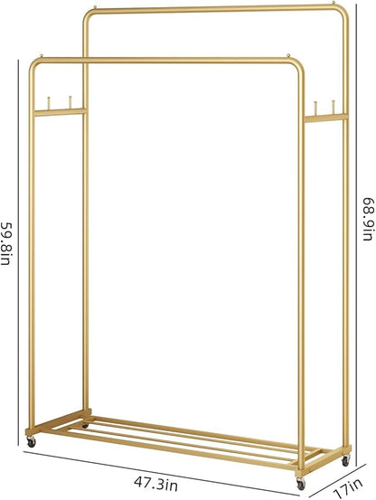 Double Rod Clothing Garment Rack, Heavy Duty Metal Rolling Clothes Rack with Wheels with 4 Fixed Hooks, Multi-Functional Bedroom Organizer Hanging Clothes, Gold
