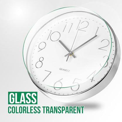 Wall Clock 10 Inch Non-Ticking Silent Modern Simple Style Round Decor Clock Silver Stereoscopic Dial Quartz Wall Clocks for Home/Office/School/Living Room/Bedroom/Kitchen