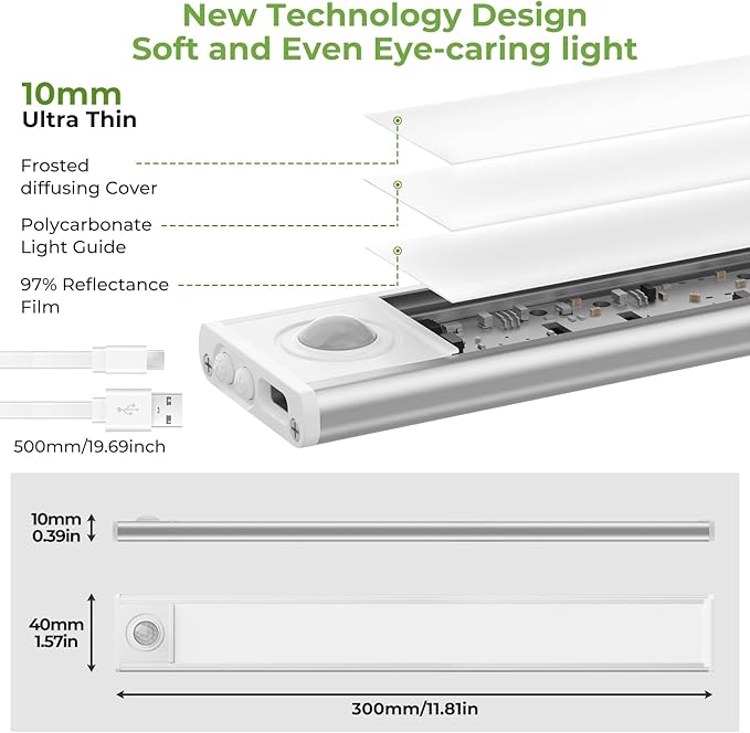 12in Under Cabinet Lights,90 LEDs,USB-C 2500mAh Rechargeable Battery,3 Color Temperature,Dimmable,Motion Sensor Cordless Under Counter Light for Wardrobe,Cupboard,Kitchen,Stairs(2pack 3CCT)