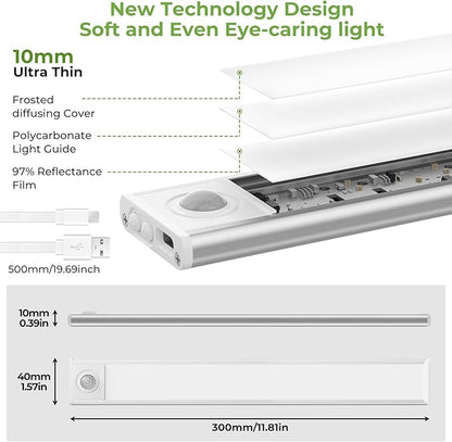 12in Under Cabinet Lights,90 LEDs,USB-C 2500mAh Rechargeable Battery,3 Color Temperature,Dimmable,Motion Sensor Cordless Under Counter Light for Wardrobe,Cupboard,Kitchen,Stairs(2pack 3CCT)