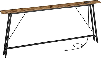 70.9" Couch Table Behind Sofa, Narrow Console Table with Outlet, Skinny Sofa Tables Narrow Long, Long Entryway Tables for Hallway, Entryway, Living Room, Rustic Brown and Black CT185UBR