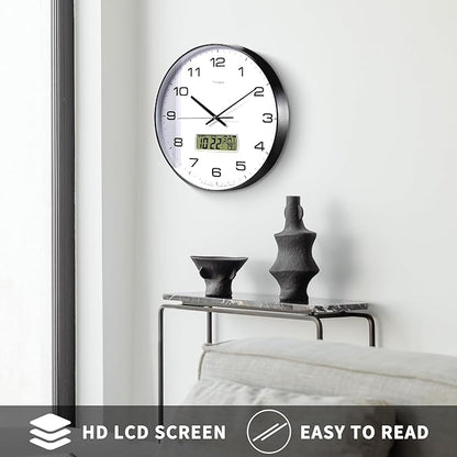 Wall Clock, 12" Dial Non-Ticking Silent Battery Operated Analog with LCD Display for Perpetual Calendar and F° Temperature, Ideal Modern Home, Bedroom, Kitchen, Office Decor (Black)