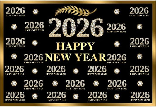 Leyiyi 10x8ft 2026 Happy New Year Backdrop Sparkling Diamond Black and Gold Photography Background Step and Repeat Diamond 2026 Photo Backdrop New Year Eve Holiday Party Photo Props