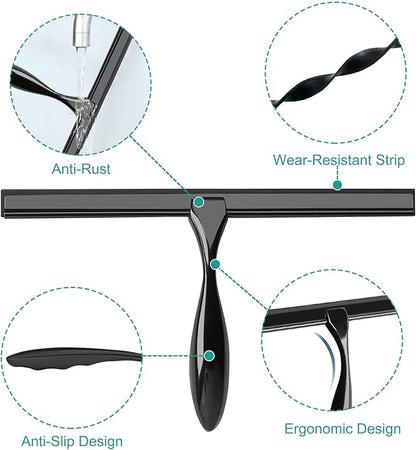 Shower Squeegee for Glass Doors,10-Inch Shower Glass Squeegee, Matte Black Shower Squeegee for Shower Doors,Mirror,Windows, with Shower Door Hook and Adhesive Hook
