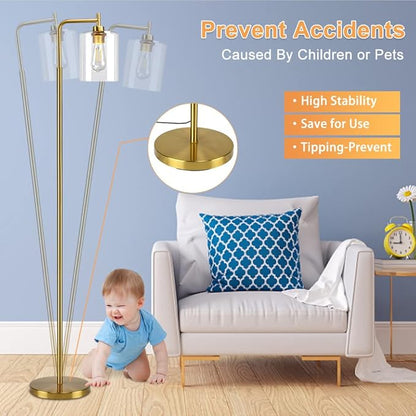 DLLT Floor Lamp Tall for Room: Gold Standing Lamp with Clear Glass Lampshade for Living Room - Modern Bright Lamp for Bedroom - Industrial Corner Floor Lamps for Office 8W Led Bulb Included