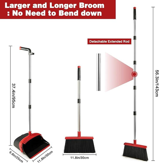 Broom and Dustpan Set for Home, Broom with Dustpan Cleaning Teeth Combo Set, Indoor Sweep Broom with Long Handle for Office Home Kitchen Lobby Floor (Black Red)