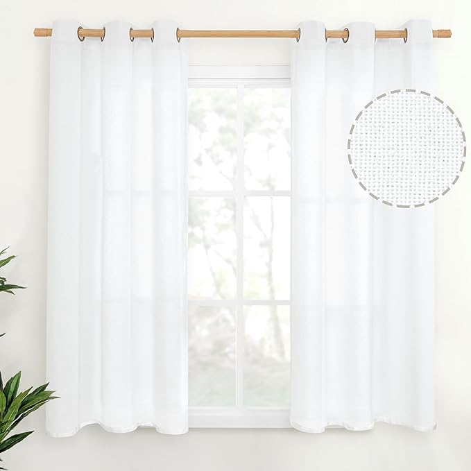 YoungsTex 48 Inch Length White Linen Curtains for Short Window, Light Filtering Drapes with Bronze Grommet Semi Sheer for Kitchen Living Room Windows Decorative Privacy, 42 X 48 Inch, 2 Panels