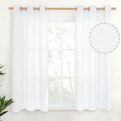 YoungsTex 48 Inch Length White Linen Curtains for Short Window, Light Filtering Drapes with Bronze Grommet Semi Sheer for Kitchen Living Room Windows Decorative Privacy, 42 X 48 Inch, 2 Panels