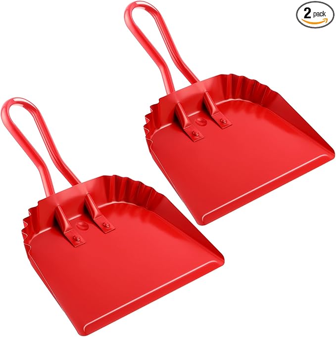 Mumufy 2-Pack Heavy Duty Stainless Steel Red Dustpan - 12" Wide Metal Edge for No-Leak Sweeping, Rust-Resistant for Home Garage Studio Courtyard Indoor Outdoor