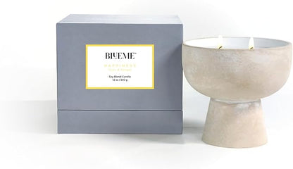 Blueme Happiness Candle | Yuzu & Ginger | 2 Wick - Refillable Wellness Candle with Essential Oils, Hand Finished & Poured Soy Wax Blend Ceramic Vessel, Natural Cotton Wicks | Medium 12 oz